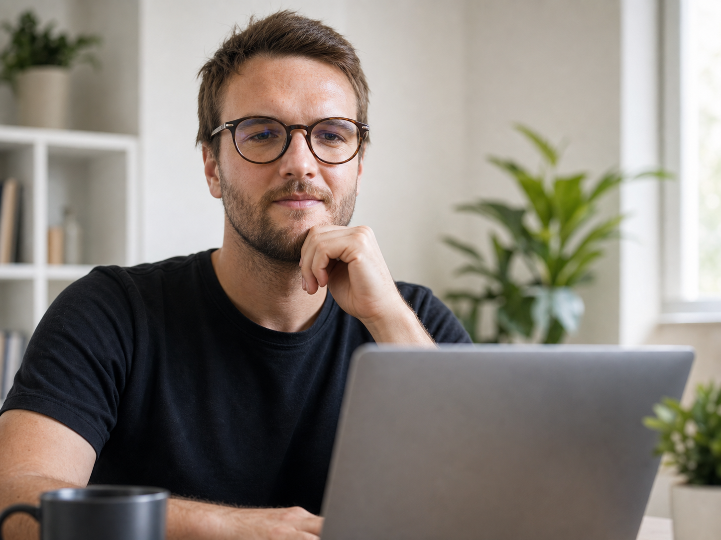 Sébastien Charlet réfléchissant devant un ordinateur portable