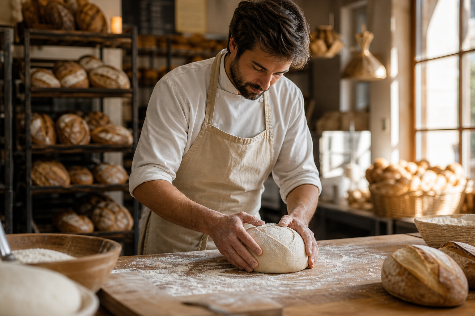 Boulanger travaillant une pâte artisanale dans son atelier